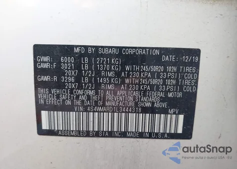 2020 Subaru Ascent Touring z USA, uszkodzony, nr VIN 4S4WMARD1L3444318